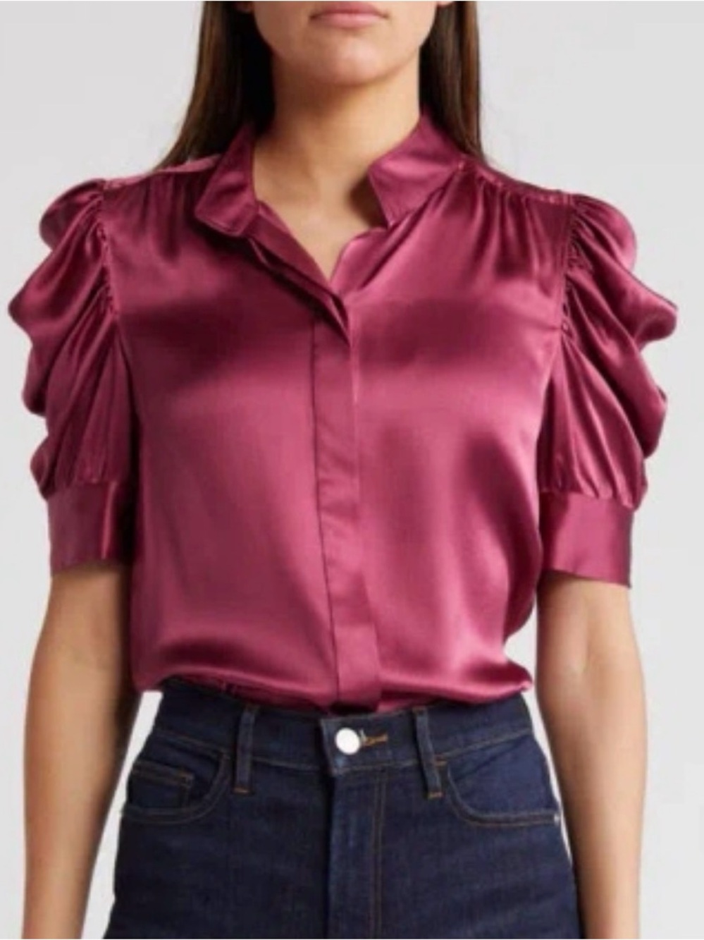 Frame Denim Satin Puff-Sleeve Blouse in Berry Rose